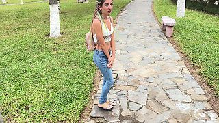 Public Wetting Jeans in Park Near the Beach
