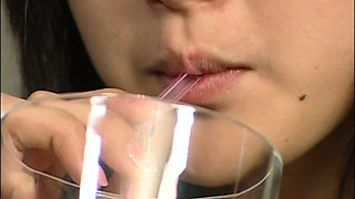 Kinky Japanese teen gets her cute face covered in hot jizz