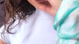 Hot Brunette with Small Breasts Swallowing a Huge Cock