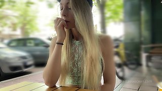 Anastasia has no panties under skirt while she's in public cafe!
