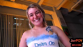19 year old POV slut talks dirty while riding dick close up