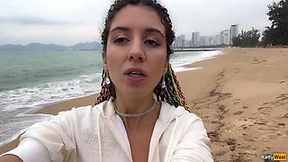 Katty West Helps Stranger Cum with Public Handjob & Blowjob on Beach - POV Close-Up!