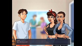 Wild public lovemaking scene from Summertime Saga featuring college girls with big assets