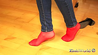 Red Nylon Feet in Black Shiny Heels - Dangling & Tease in Tight Jeans