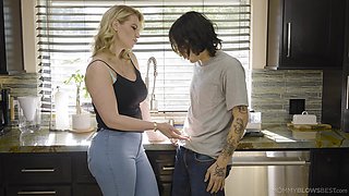 Rachael Cavalli, the busty blonde milf, gets her kitchen filled with cum.