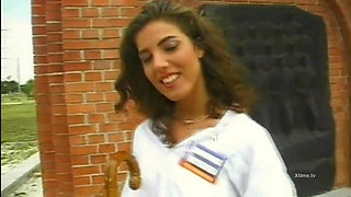 A lonely cute girl surrounded by hard cocks