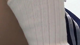 Girls Only Apartment in Japan, Skinny Girl Doing Seduce Fitness in Apron-type Mini Student Uniform, Thong Panties, White Socks