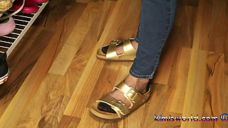 Golden Mules & Black Nylons - Sensual Shoe Removal