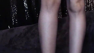 Rebecca Diamante Tries on Sexy Lingerie: Black Hold-up Stockings with Floral Lace Trim and Seam Ita