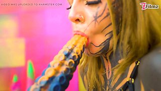 Split Tongue Lesbians Tattooed Toy Play ANAL and ATM