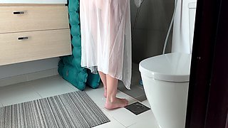 Stepmom Cleans the Bathroom in Her Sheer Dress. Slowly