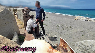 Dick Flash Risky Blowjob on Beach Stocking Teacher and Student Almost Caught Misscreamy