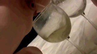 Blonde babe pissed on the glasses and drinks it