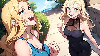 College girl in anime style gets into wild cartoon action