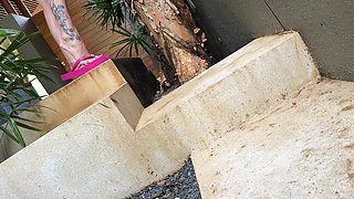 Pink Flip Flops on My Pretty Feet with Long Toes in Outdoor, Red Toenails Polish