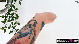 Small chinese COUGAR Avery Black taking a bathroom and demonstrates her moist vag