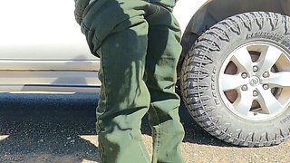 Ebony MILF Taking a Piss Next to the Road and Gets Hubby to Lick Her Pussy Clean After