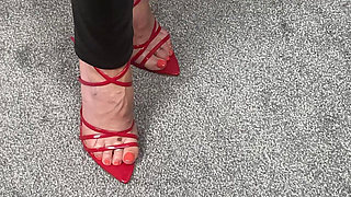 Mrs Mature Feet Wearing Extremely Tight Leather Trousers and Heels