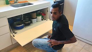Curvy Buxom Fat-assed Redhead MILF Sucks the Plumber's Big Tool In the Kitchen While Her Hubby Is Out