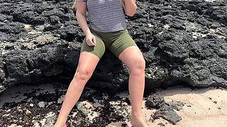 Girl Peeing in Yoga Pants on Beach