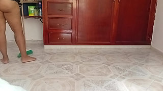 Mexican mother-in-law cleaning guest room in thong 5