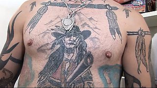 Tattooed skinny guy fucking his fat wife