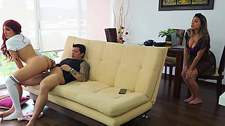 Busty MILF masturbates while watching her son-in-law and stepdaughter having sex. She ends up fucking him too!