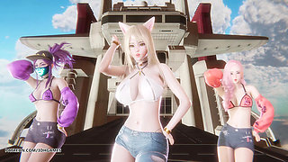 MMD Unis - Curious Ahri Akali Seraphine Hot Kpop Dance League of Legends Uncensored Hentai