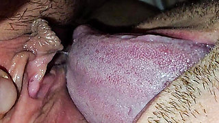 Full length hairy pussy licking & fingering close up