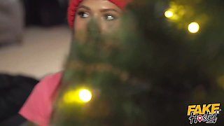 Faux hostel - 2 nasty babes get stuck under a christmas tree and saved by a large hard cock