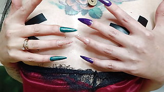 Sharp, long and dangerous nails. Nail fetish on slave's worthless dick. Dominatrix Nika plays with her long nails on her breasts