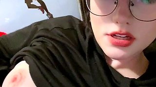 Busty curly brunette with big boobs fucks on couch