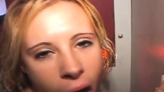 Blonde Amateur On Her Knees Taking Facial Through Glory Hole
