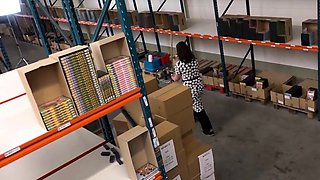 Boss fucks the black-haired milf in the warehouse