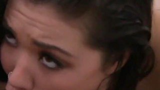 Chubby brunette massages cock showing her tits