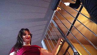 A pair of CFNM femdom busty brunettes sucking cock