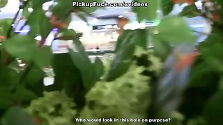 Horny girl shows everything and does blowjob for two guys