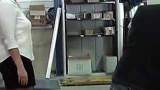 A sexy, nympho boss is banging an applicant right in the middle of the warehouse.