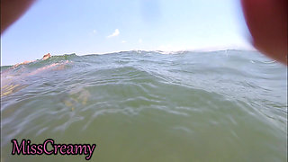 We Got Caught! My Teacher Handjobs My Cock Underwater on Nude Beach Public Sex