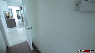 My frustrated stepmom jerked my dick off in the kitchen