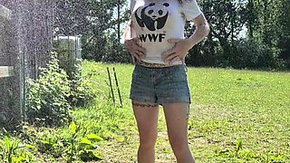 Wet T Shirt Playtime- Cooling off Under a Cold Outdoor Shower