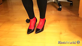 Red Stockings, High Heels & Black Leggings Tease