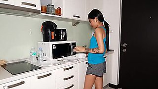 Tiny Thai teen GF fucked hard doggystyle after she made dinner for the BF
