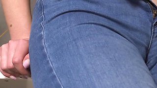 Sexy MILF Teasing Her Big Cameltoe in Tight Blue Jeans