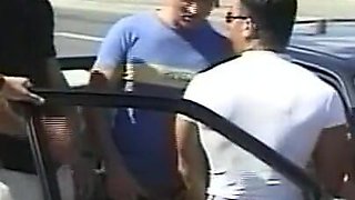 Amateur Redhead Slut Sucks and Fucks Three Big Amateur Cocks in Public