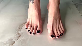 My Bare Feet with Long Toes, Black Toenail Polish, Worship My Toes