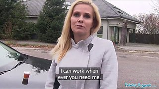 Public agent desperate cougar ebony canary fucks for a job