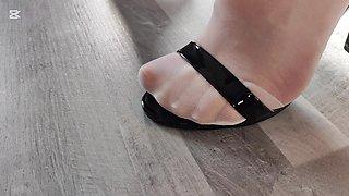 New nylon pantyhose is inaugurated with a footjob