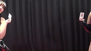 Heaven and Hell Card Whipping Game by Two Mistresses, Winner Slave Has His Dick Stroked by Hand, and Loser Slave Is Whipped