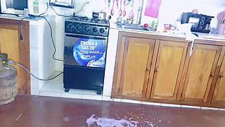 Perverted busty stepdaughter masturbates in the kitchen and spills milk on her beautiful body - how kinky